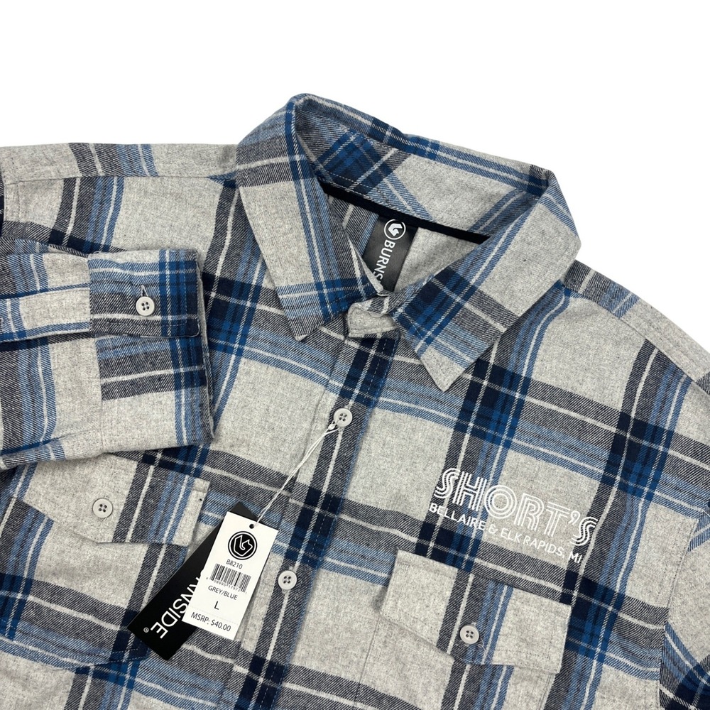 Shorts Brewing Co Plaid Flannel Shirt Grey Blue Large NWT Burnside Mens